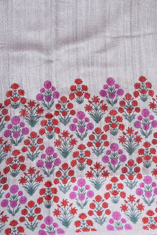 Floral Skat Border In Plain Grey Linen Tussar Silk Saree