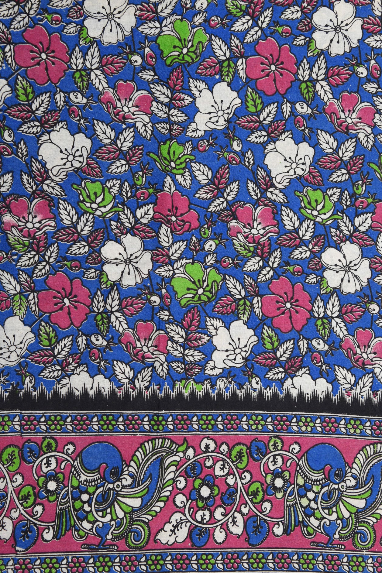Floral Design Cerulean Blue Kalamkari Printed Cotton Saree