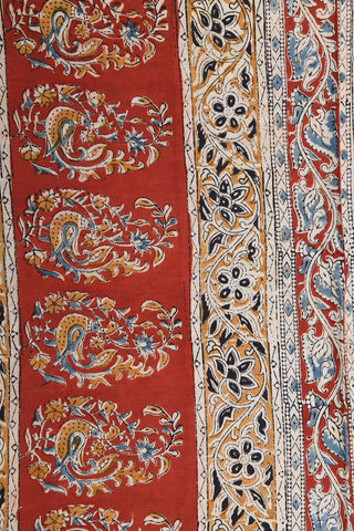 Allover Design Ochre Red Kalamkari Printed Semi Silk Saree