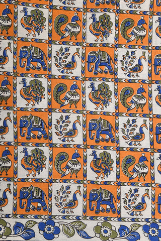 Floral Border With Checks Elephant And Peacock Design Kalamkari Printed Cream Color Cotton Saree