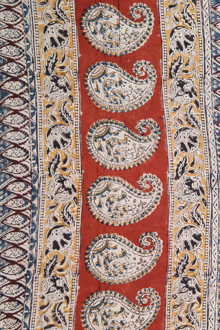 Floral Border With Creepers Design Ochre Red Kalamkari Printed Cotton Saree