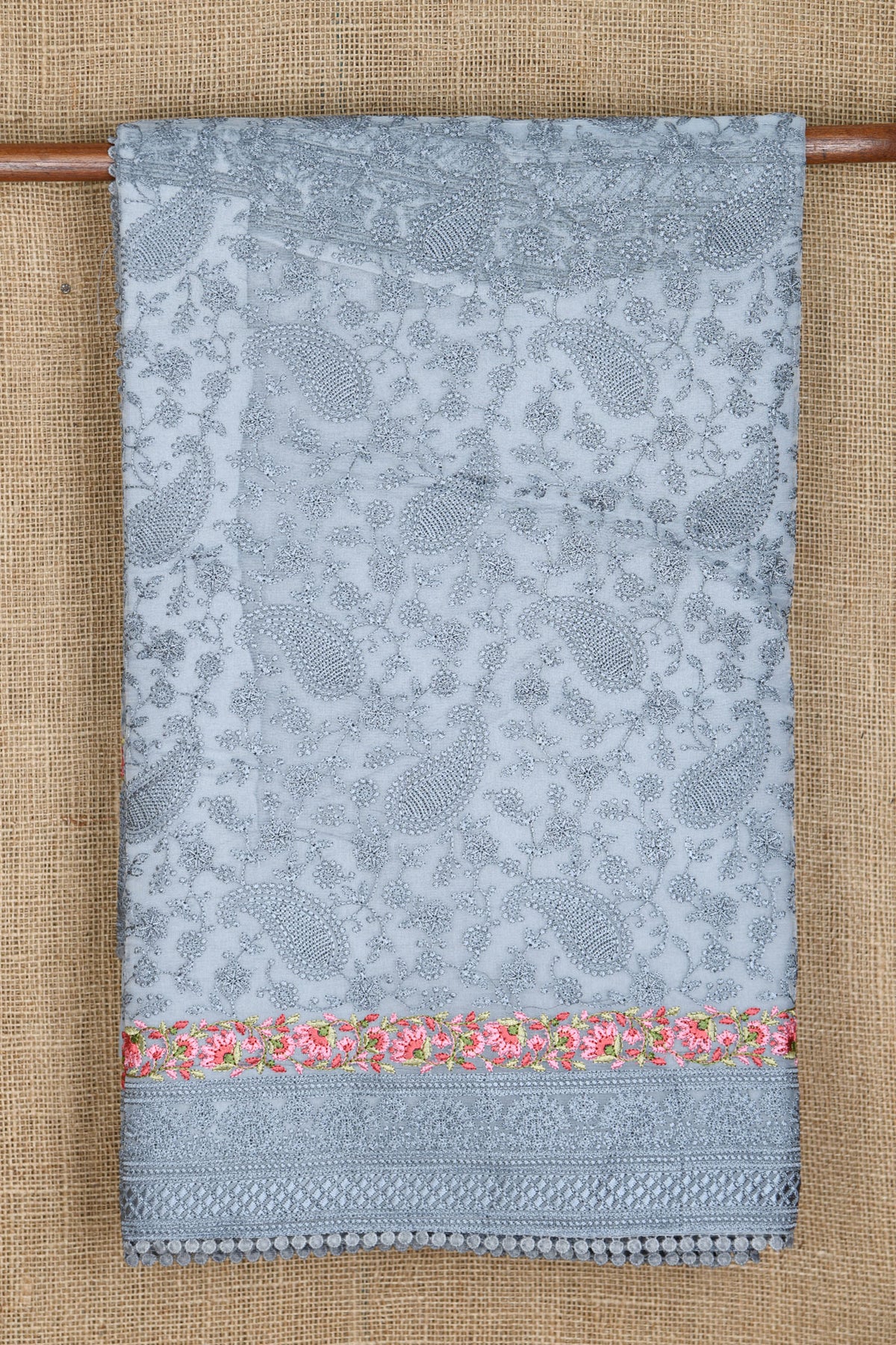 Floral Border With Embroidered Paisley Design Grey Organza Silk Saree
