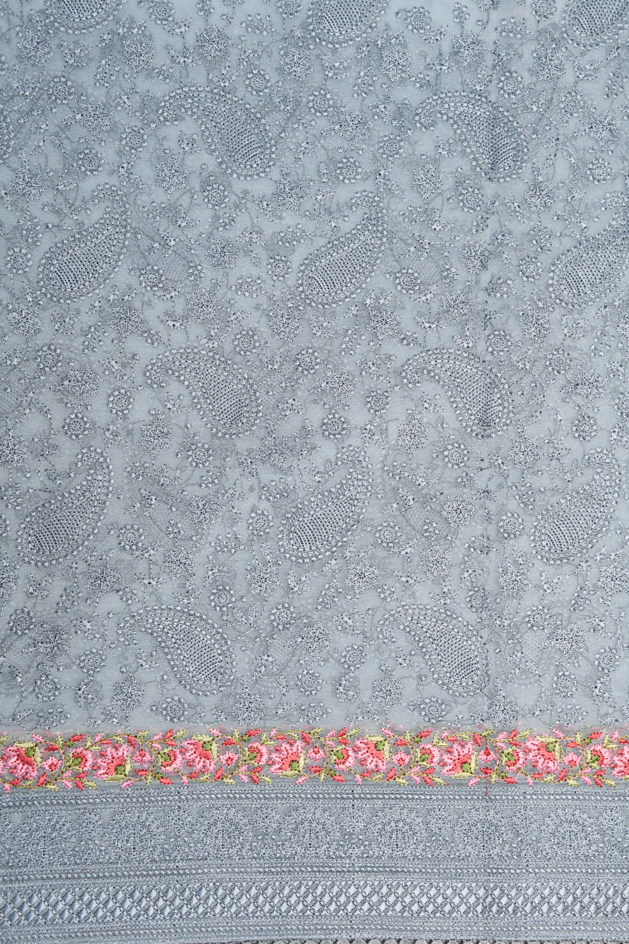 Floral Border With Embroidered Paisley Design Grey Organza Silk Saree