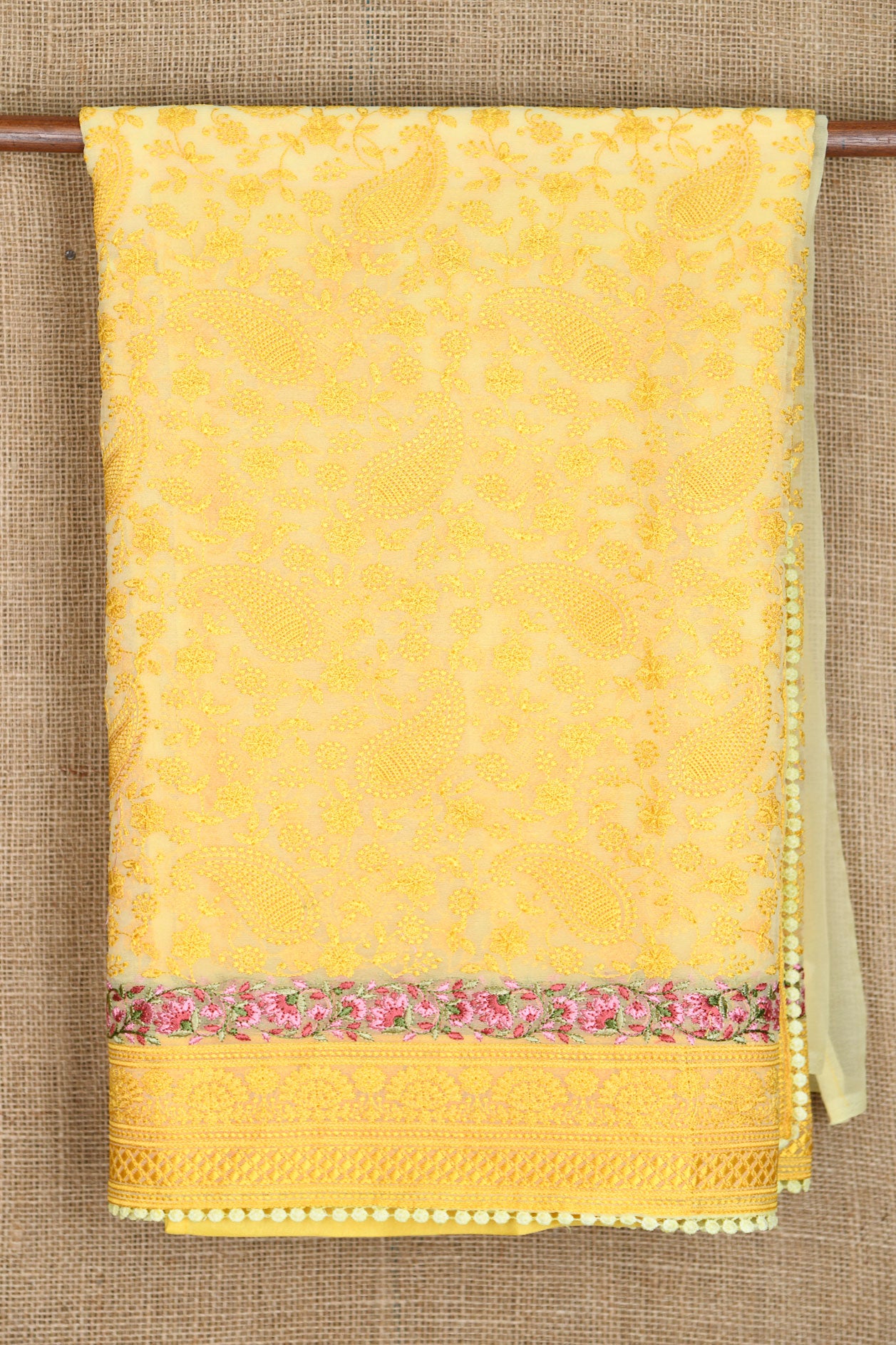 Floral Border With Embroidered Paisley Design Yellow Organza Silk Saree