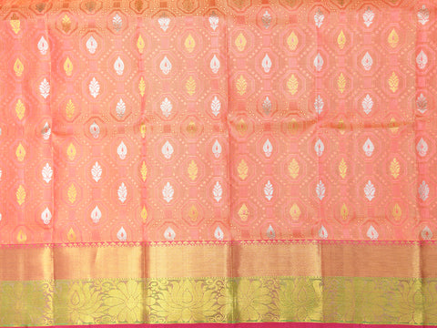 Thilagam Buttis Peach Orange Kanchipuram Silk Unstitched Pavadai Sattai Material