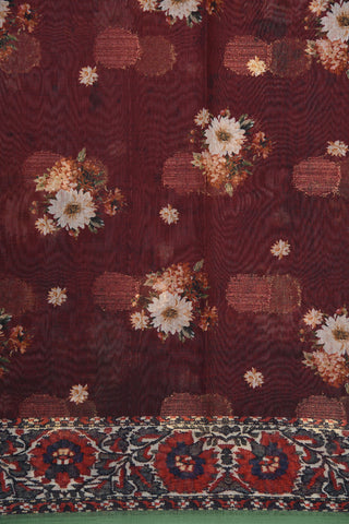 Floral Border With Zari Dots Burgundy Maroon Semi Linen Silk Saree