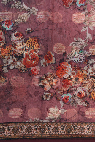 Small Border With Floral Digital Printed Mauve Pink Semi Linen Silk Saree