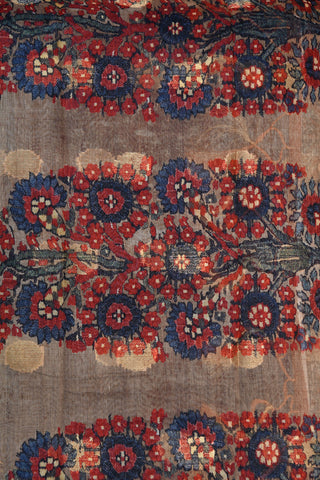 Floral Border With Zari Dots Navy Blue Semi Linen Silk Saree