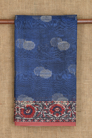 Floral Border With Zari Dots Navy Blue Semi Linen Silk Saree