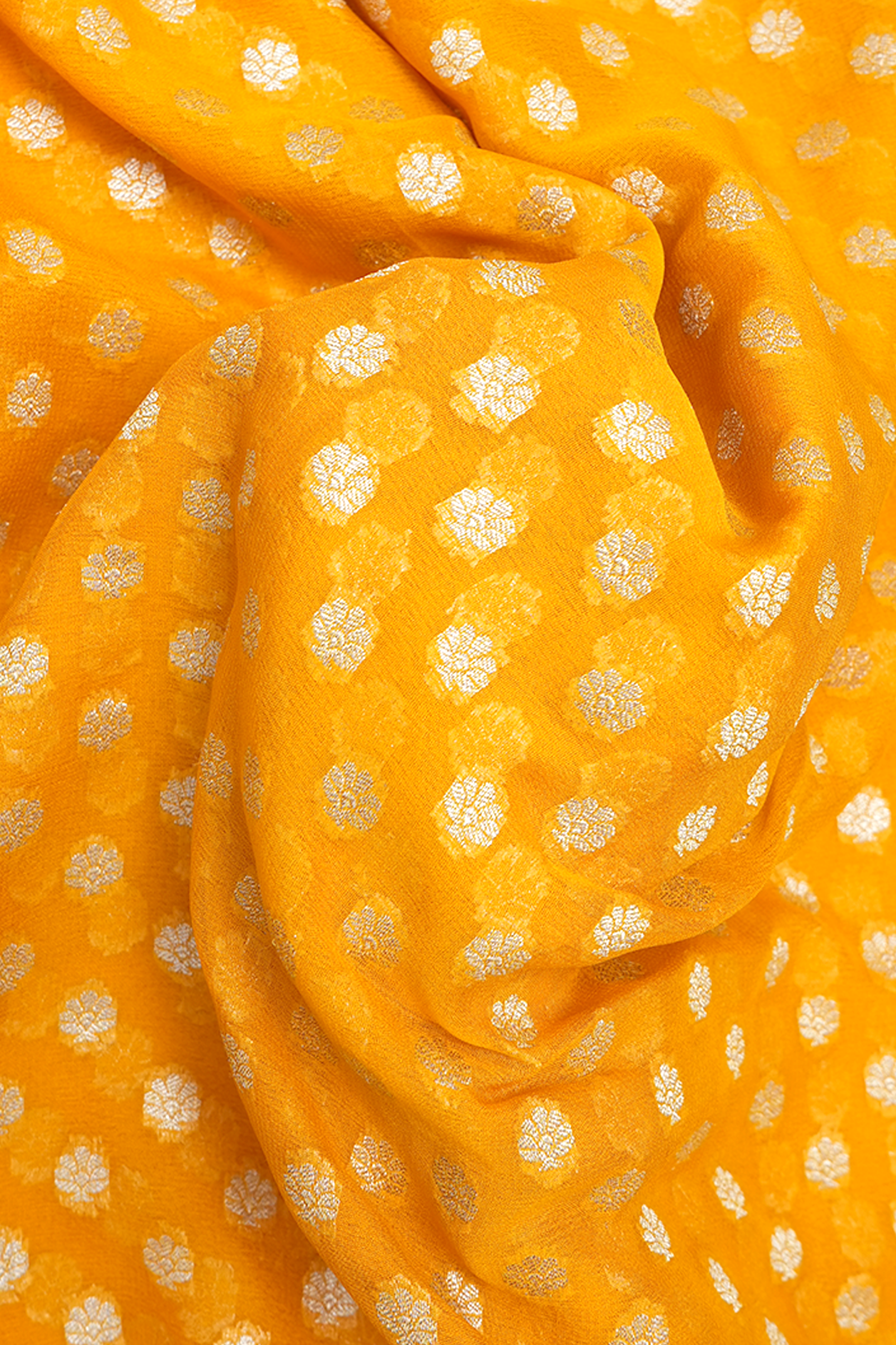 Floral Buttas Mango Yellow Georgette Banarasi Silk Saree