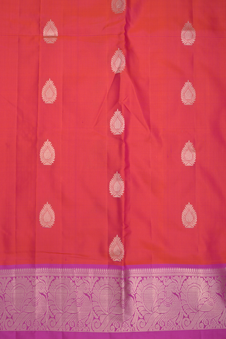 Floral Motifs Coral Pink Kanchipuram Nine Yards Silk Saree