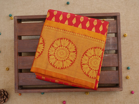 Floral Buttas With Zari Buttas Bright Red Silk Pavadai Sattai Material