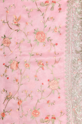 Embroidered Floral Creepers Design Pastel Pink Organza Silk Saree
