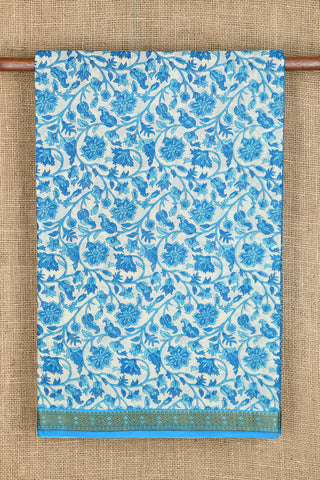 Floral Creepers Design Cream And Cerulean Blue Printed Ahmedabad Cotton Saree