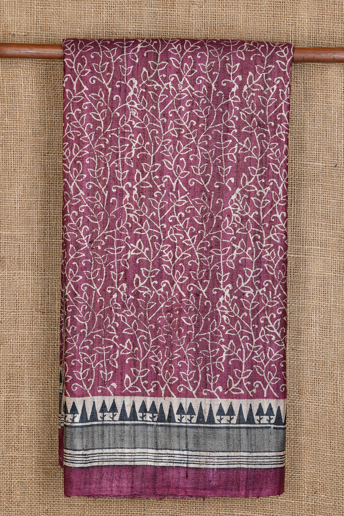 Floral Creeper Design Printed Mulberry Purple Raw Silk Tussar Saree