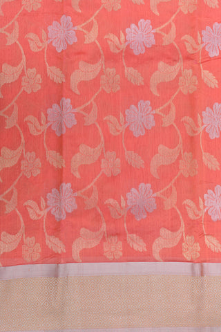 Floral Creepers Design With Zari Border Coral Pink Chanderi Silk Saree