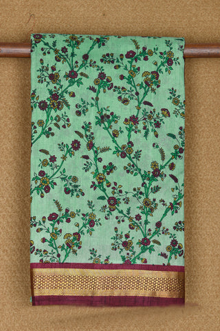 Digital Printed Floral Creepers Design Green Semi Raw Silk Saree