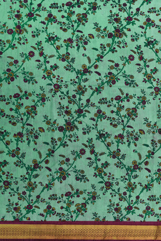 Digital Printed Floral Creepers Design Green Semi Raw Silk Saree