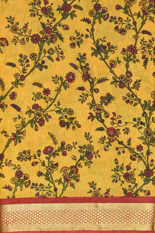 Digital Printed Floral Creepers Design Yellow Semi Raw Silk Saree