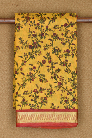 Digital Printed Floral Creepers Design Yellow Semi Raw Silk Saree