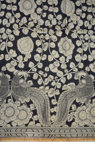 Floral Design Black Printed Kalamkari Cotton Saree
