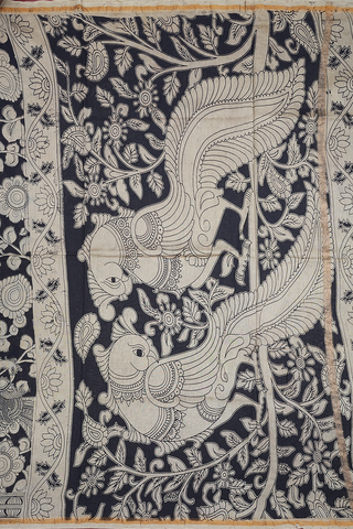 Floral Design Black Printed Kalamkari Cotton Saree