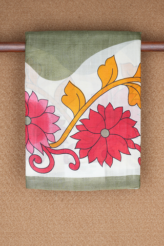 Floral Design Border Sage Green Printed Silk Saree