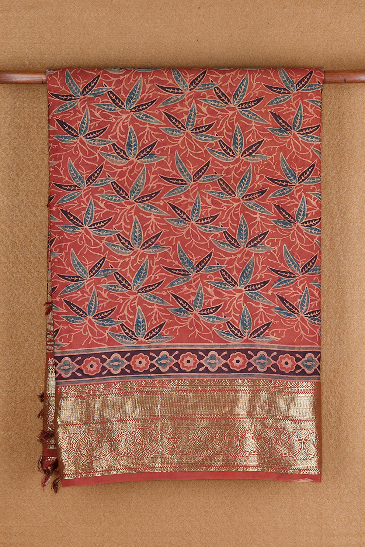 Floral Design Brick Red Hand Painted Ajrakh Kanchipuram Silk Saree