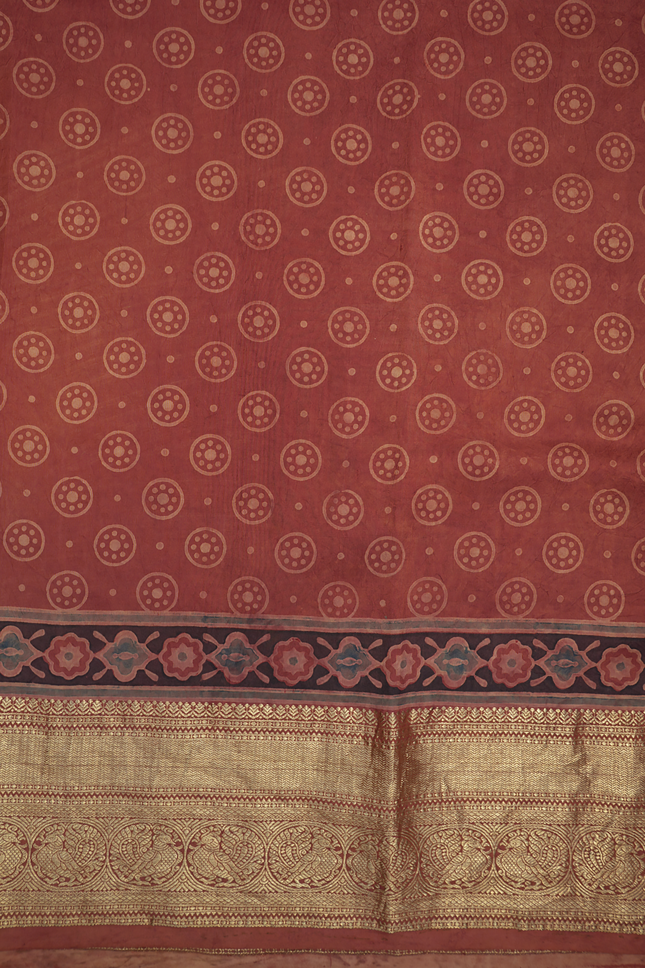Floral Design Brick Red Hand Painted Ajrakh Kanchipuram Silk Saree