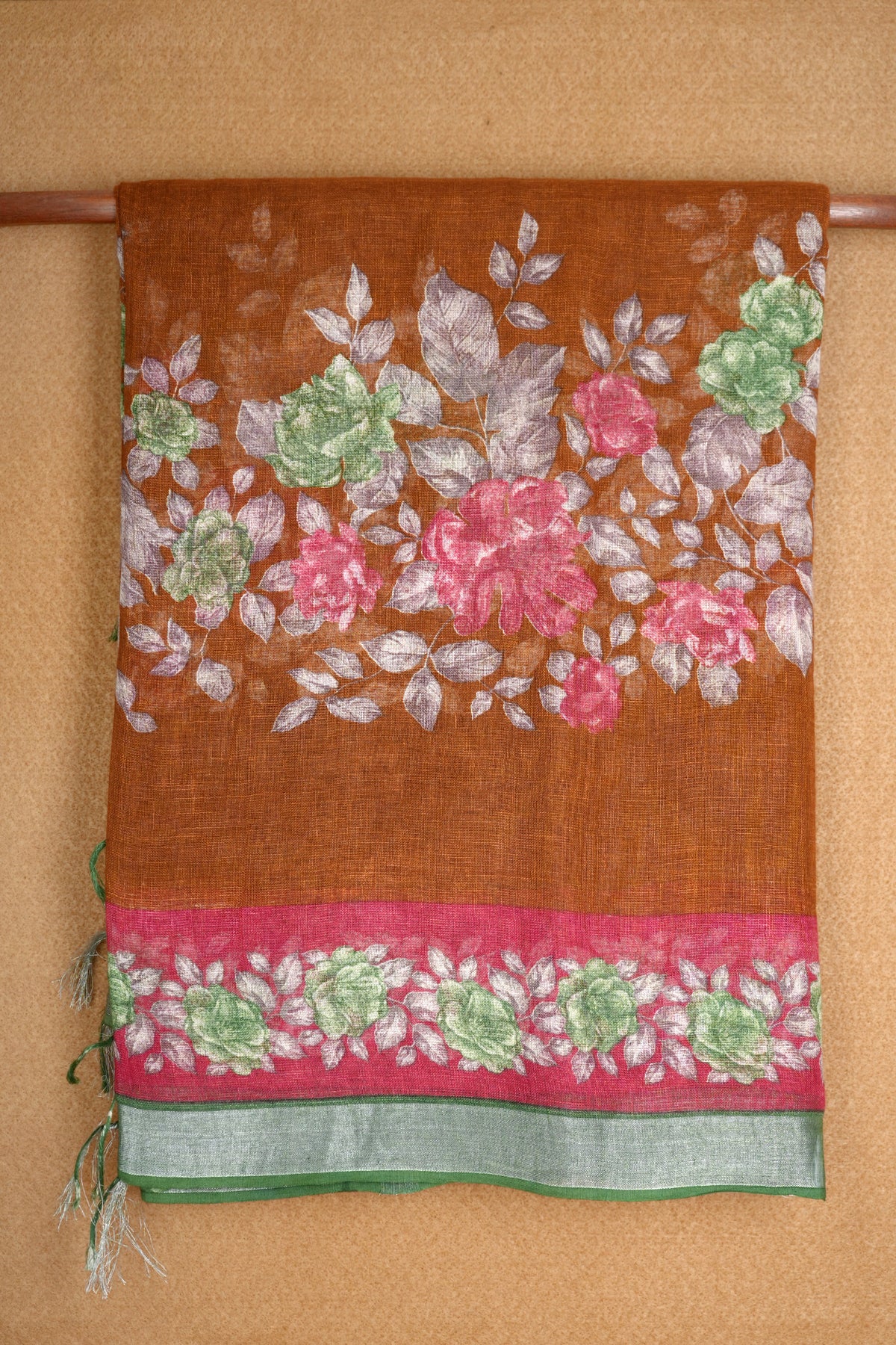 Floral Design Tawny Brown Linen Saree