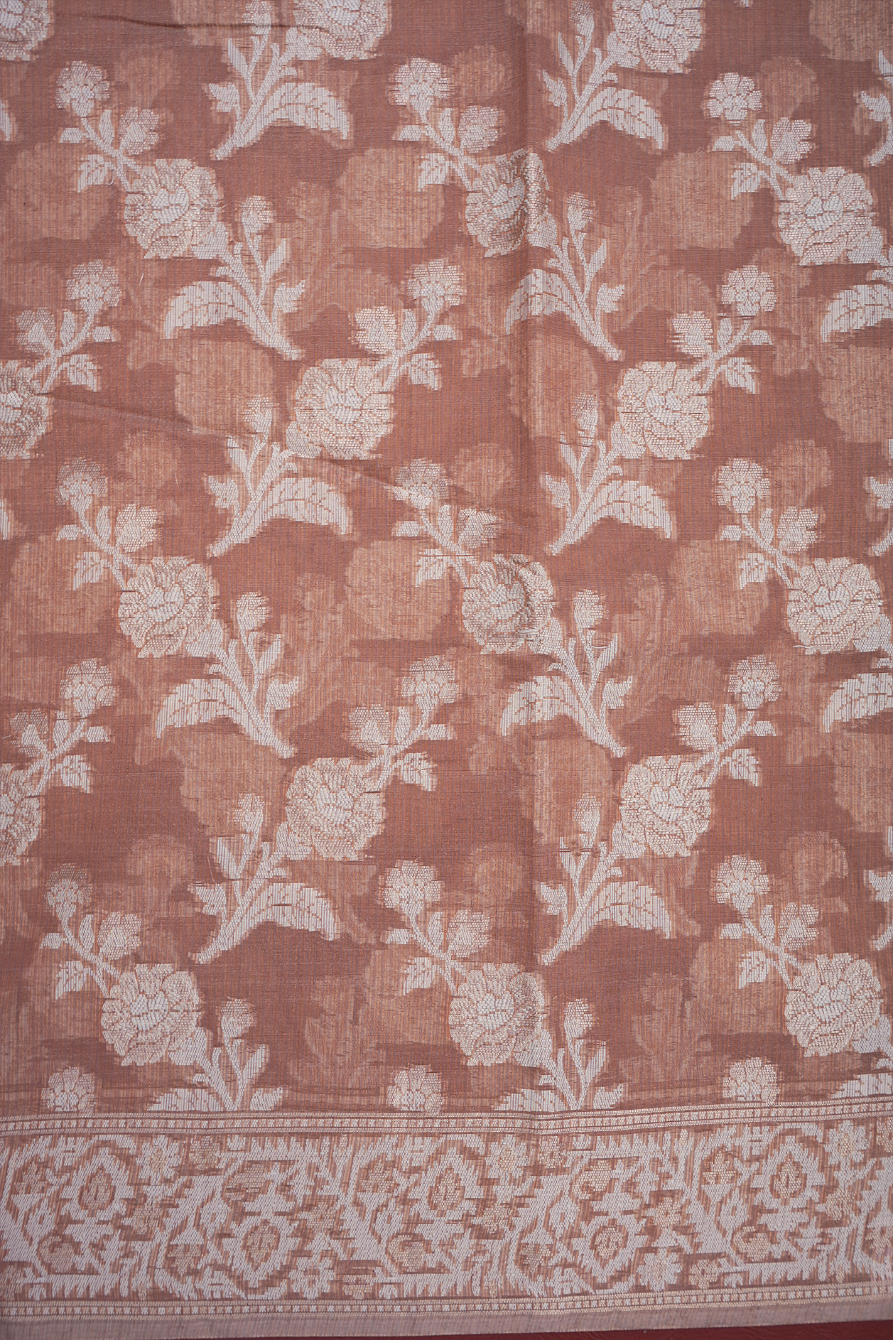 Floral Design Earthy Brown Semi Kora Silk Cotton Saree