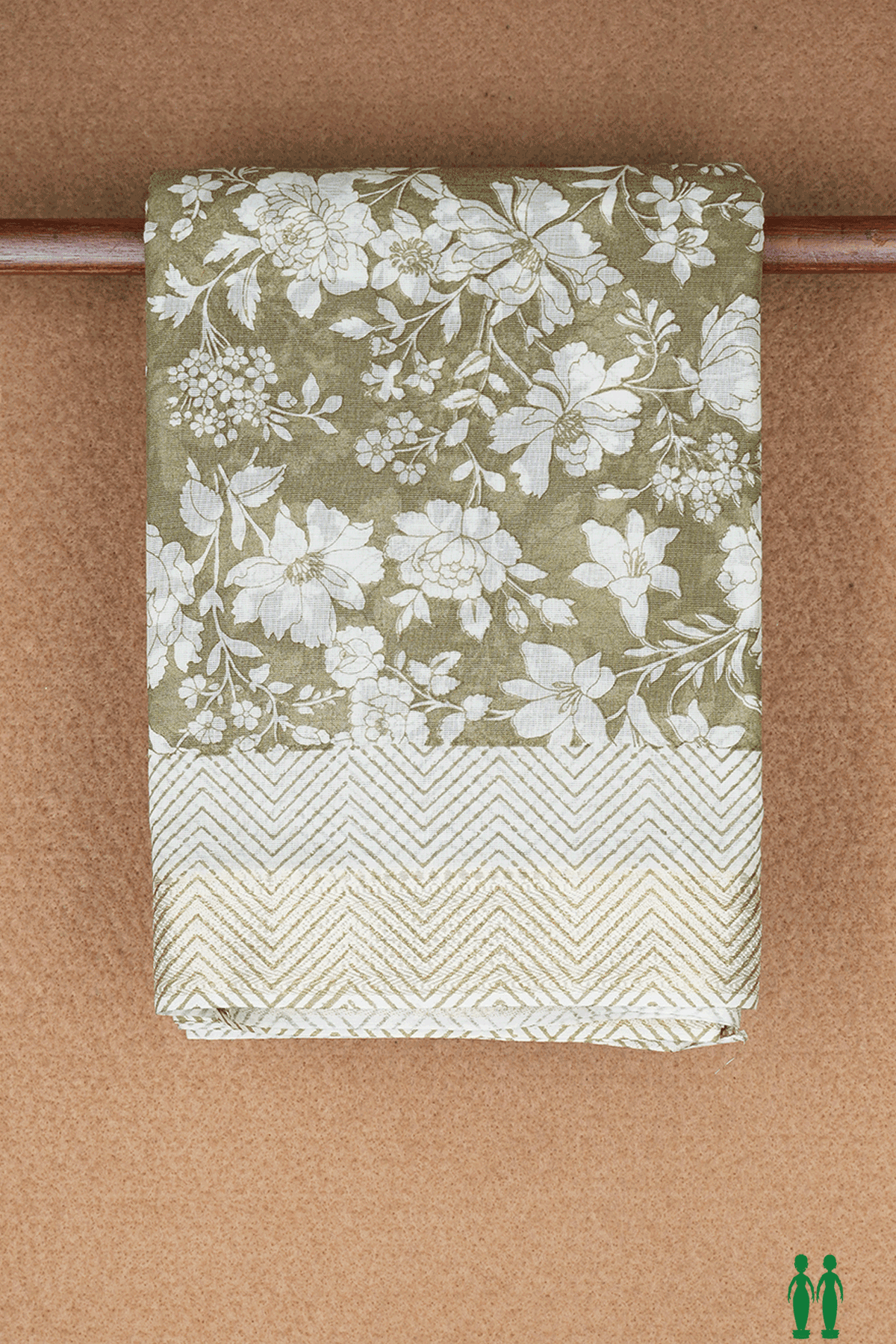 Floral Design Cardamom Green Printed Cotton Saree