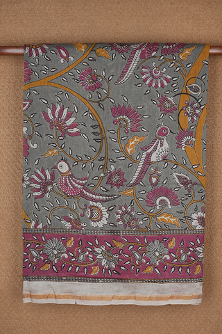Floral Design Dark Grey Printed Kalamkari Cotton Saree