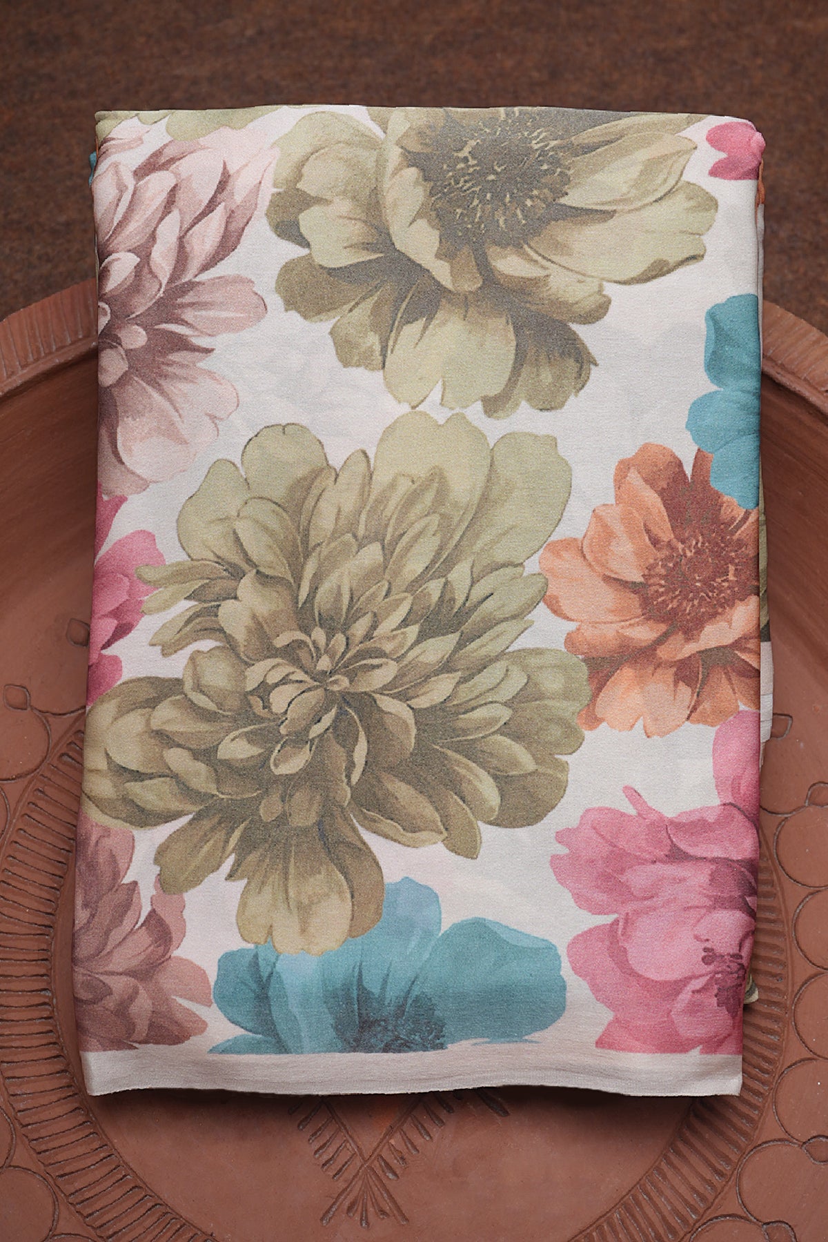 Floral Design Digital Printed Cream Color Satin Crepe Saree