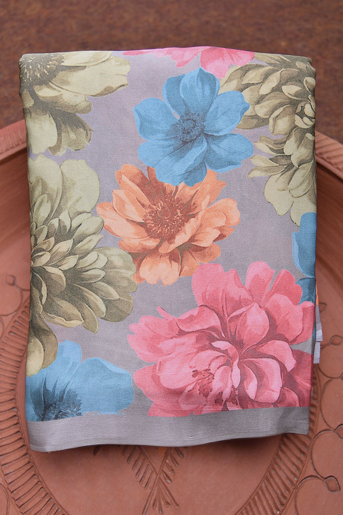 Floral Design Digital Printed Grey Satin Crepe Saree