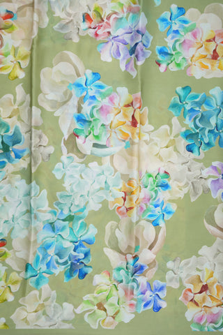 Floral Design Digital Printed Pastel Green Satin Crepe Saree