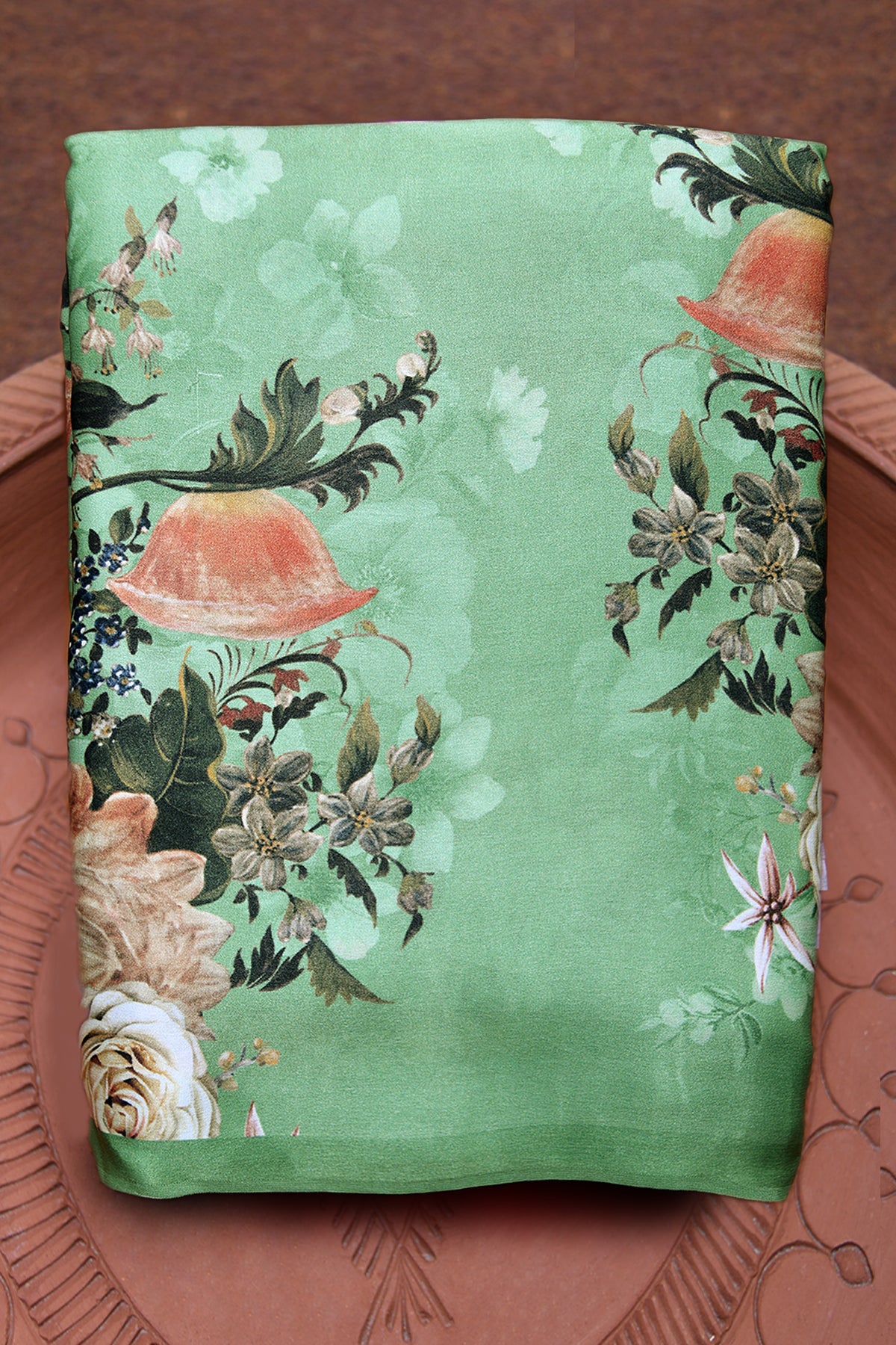 Floral Design Digital Printed Pastel Green Satin Crepe Saree