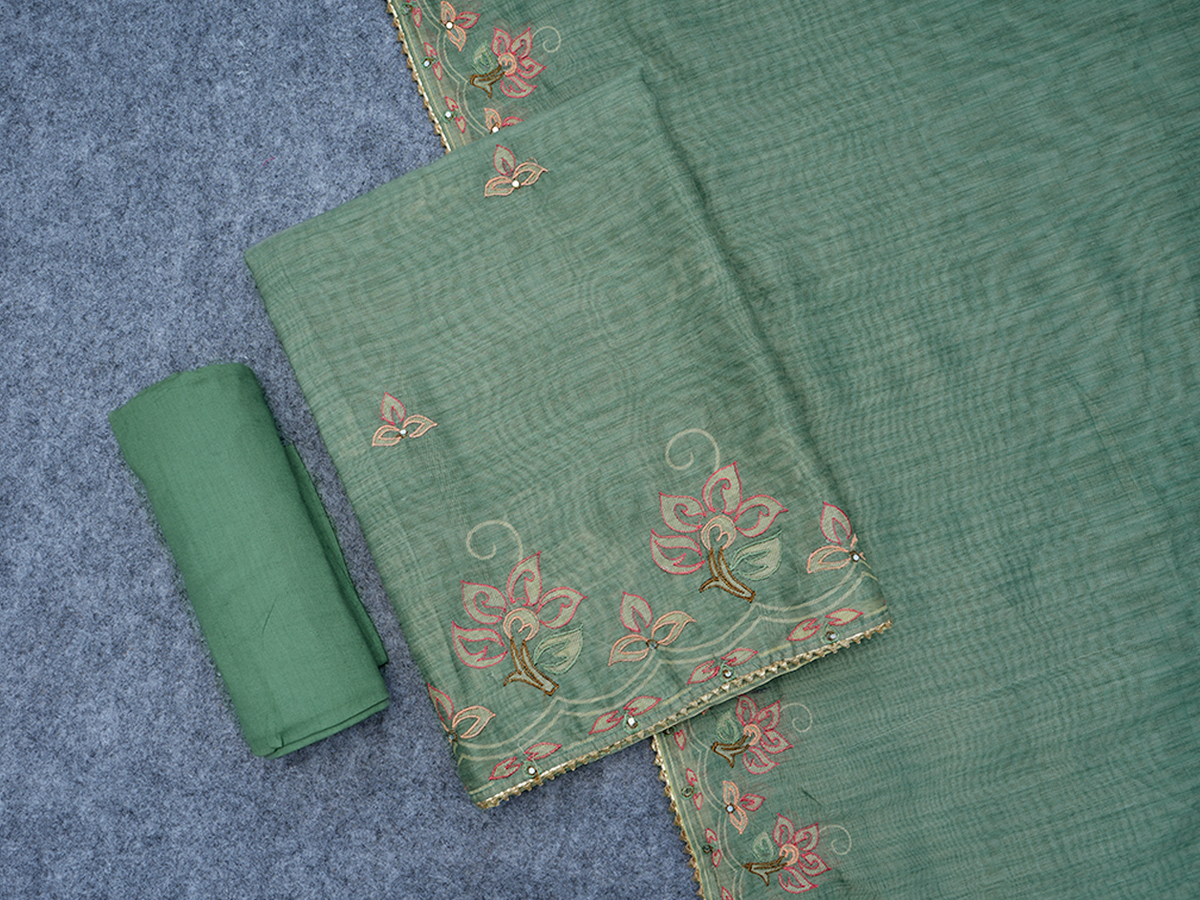 Floral Design Dusty Green Chanderi Unstitched Salwar Material