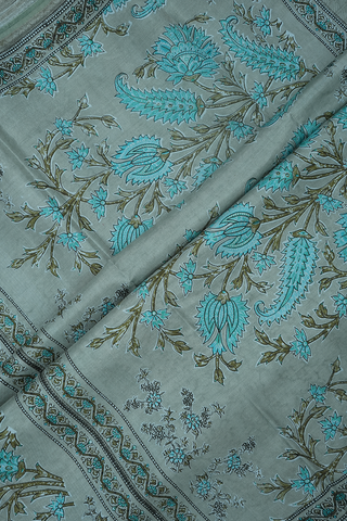 Floral Design Dusty Green Printed Silk Saree