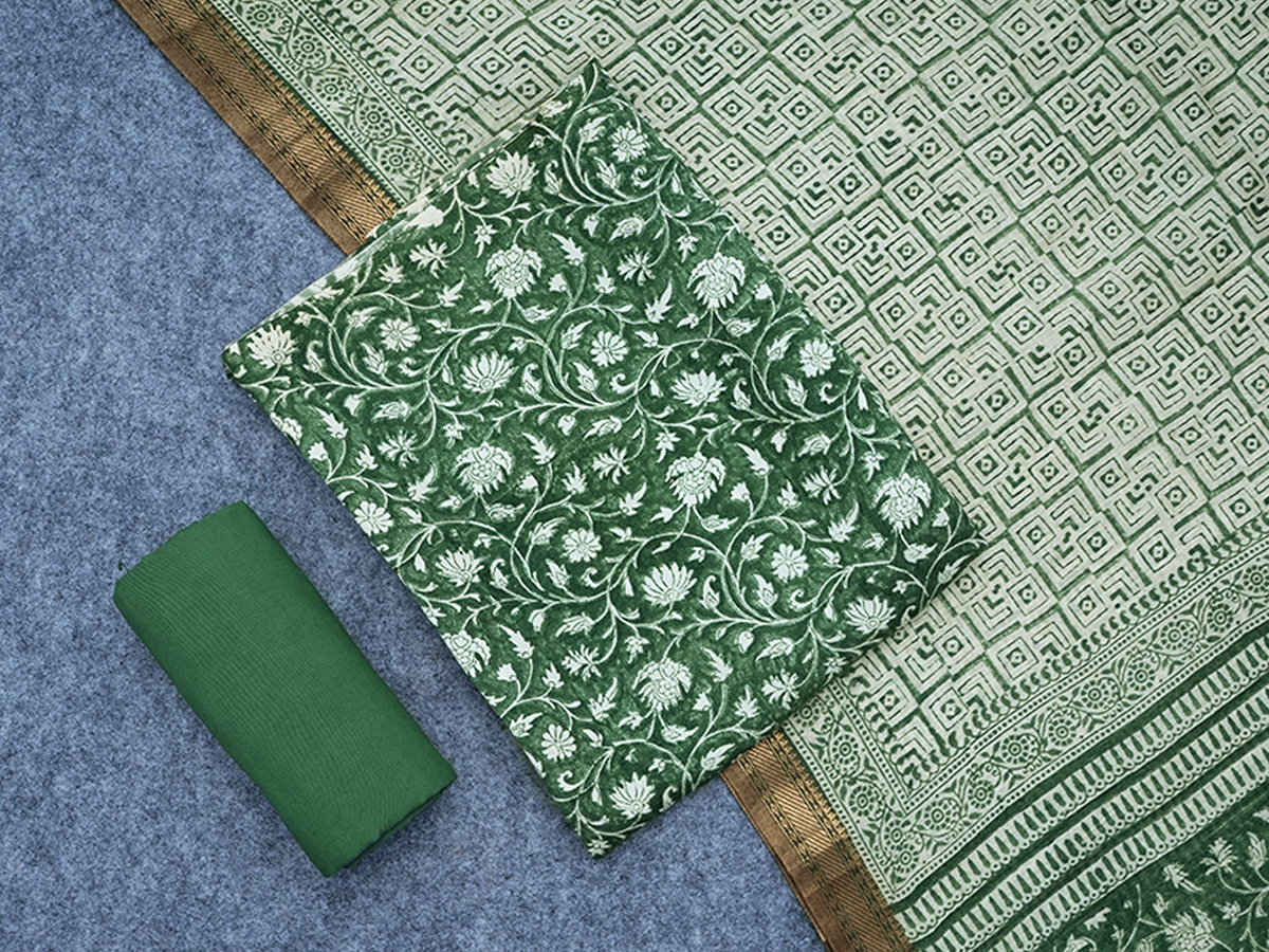 Floral Design Forest Green Linen Unstitched Salwar Material