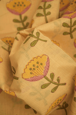 Floral Design Golden Yellow Printed Cotton Saree