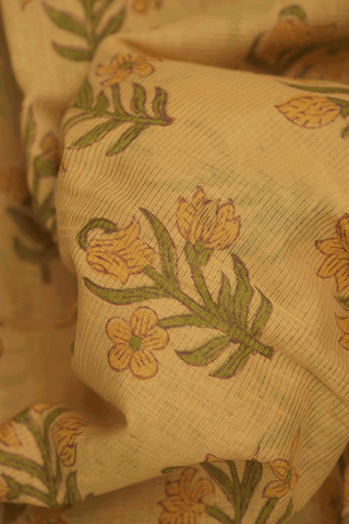 Floral Design Golden Yellow Printed Cotton Saree
