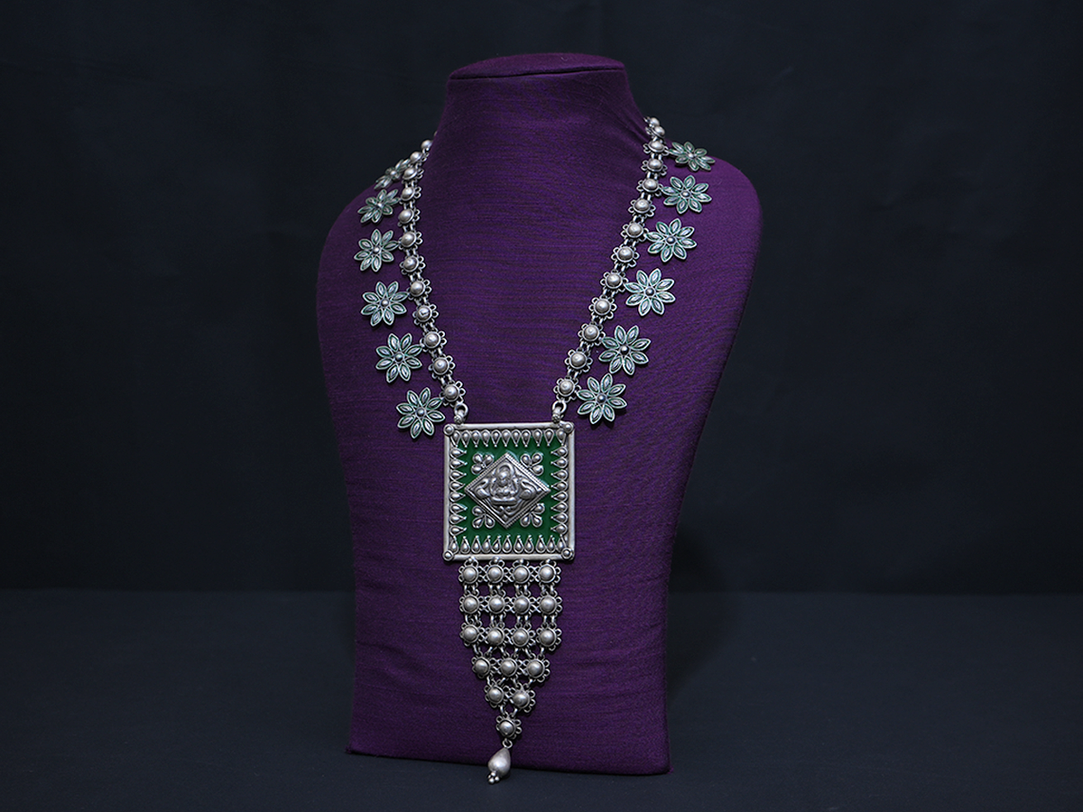 Floral Design Green Enamel Oxidised Pure Silver Jali Necklace