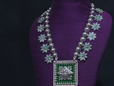 Floral Design Green Enamel Oxidised Pure Silver Jali Necklace