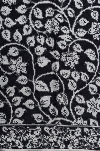 Floral Design Kalamkari Printed Black Cotton Saree