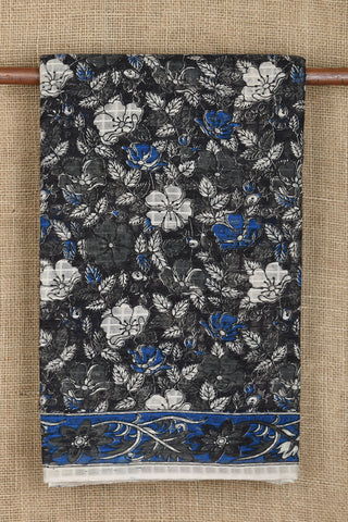 Floral Design Kalamkari Printed Black Kota Cotton Saree