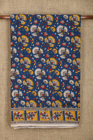 Floral Design Kalamkari Printed Cotton Lapis Blue Cotton Saree