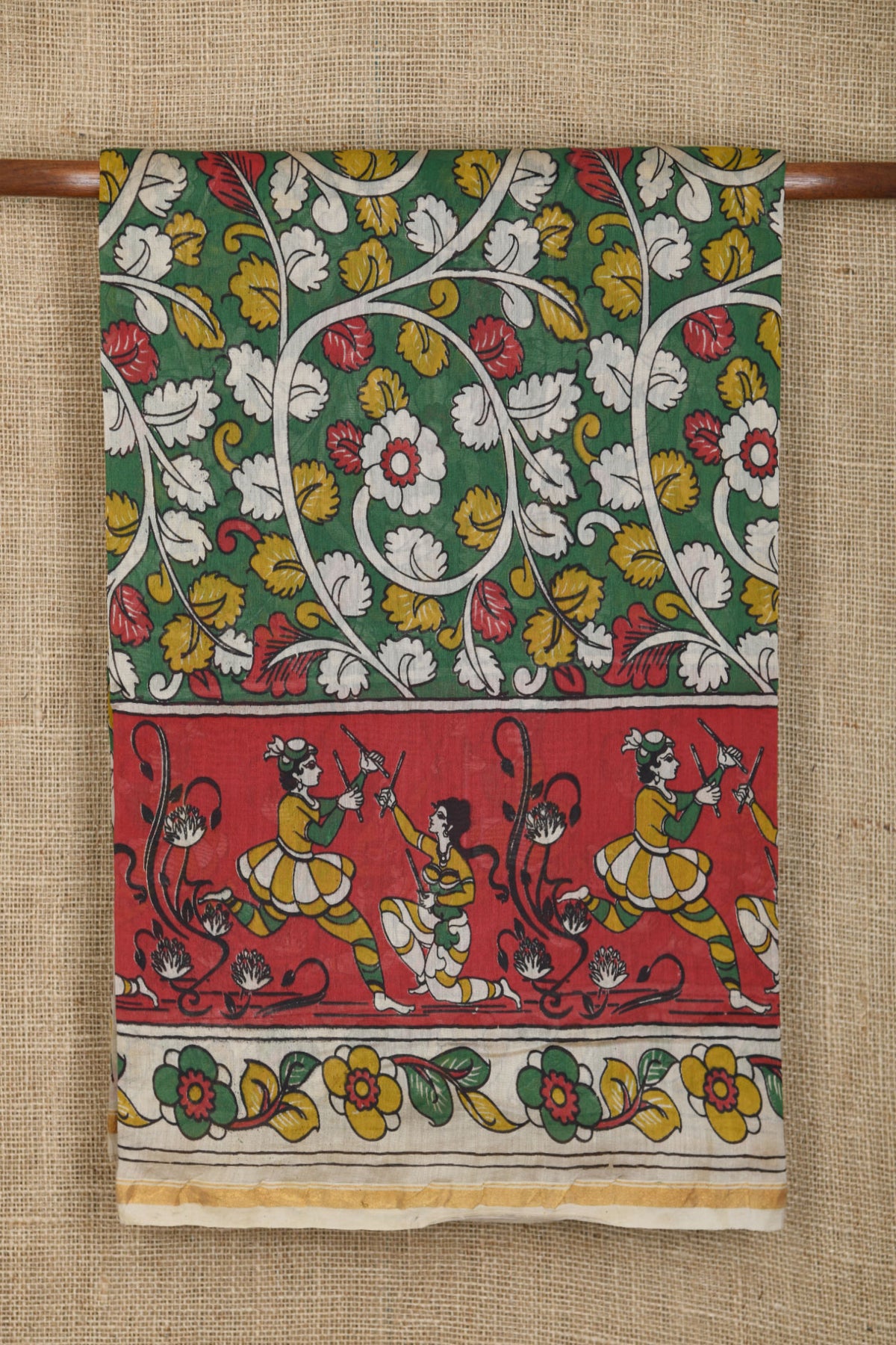 Floral Design Kalamkari Printed Green Chanderi Cotton Saree