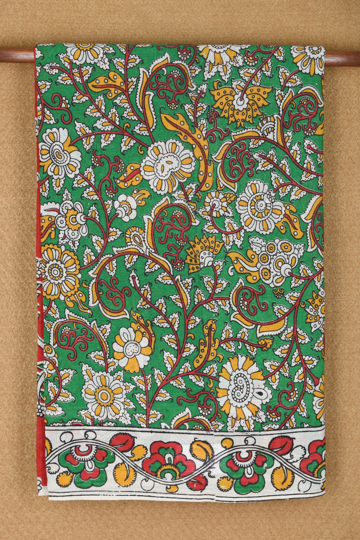 Floral Design Kalamkari Printed Green Cotton Saree