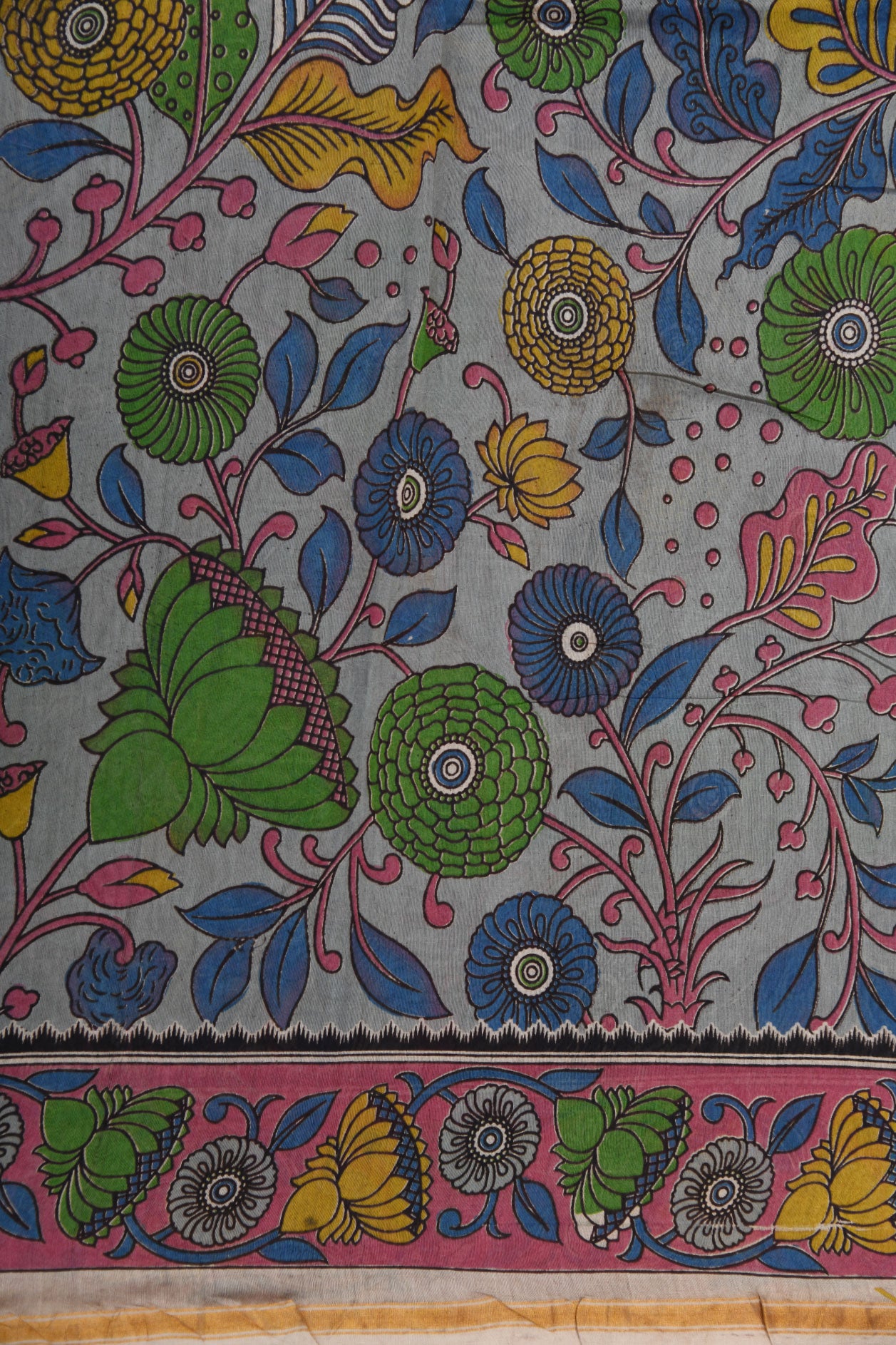 Floral Design Kalamkari Printed Grey Chanderi Cotton Saree